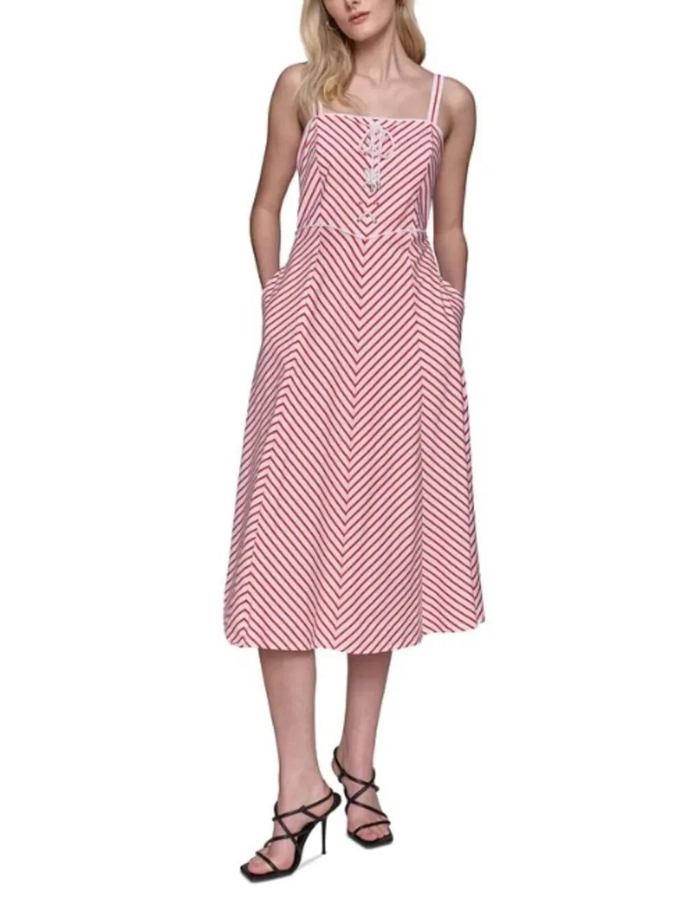 Karl Lagerfeld Paris Women's Red Striped Square Neck Lace-Up Front Dress Size 8
